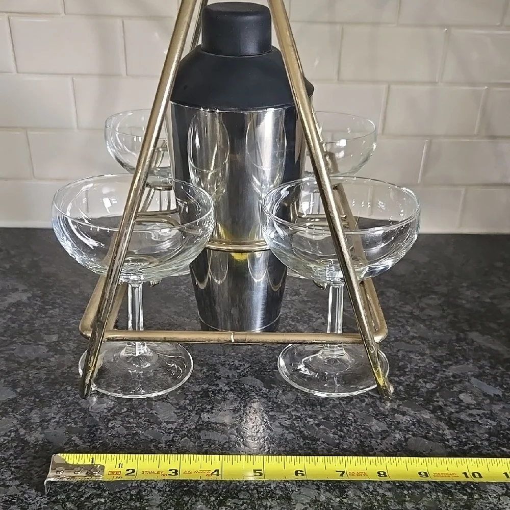 Vintage Brass Cocktail Carrier with Glasses and Shaker